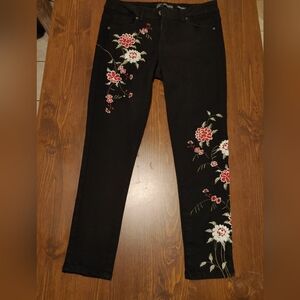 Black Straight Leg Jeans with Floral Embroidery - Women